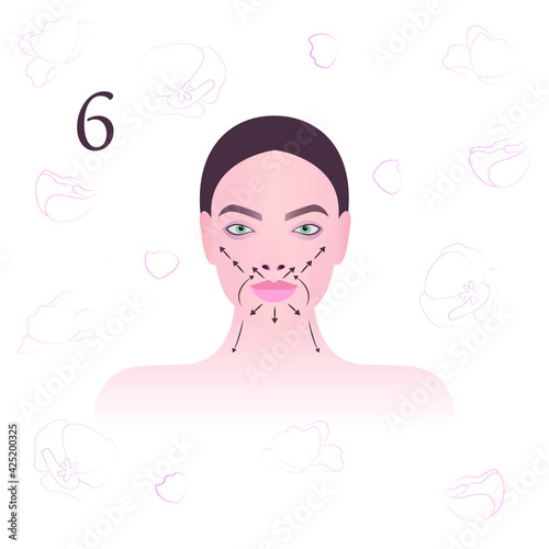 Face massage. Massage technique. Facial massage lines. Vector modern illustration. Sixth schematic of nine.