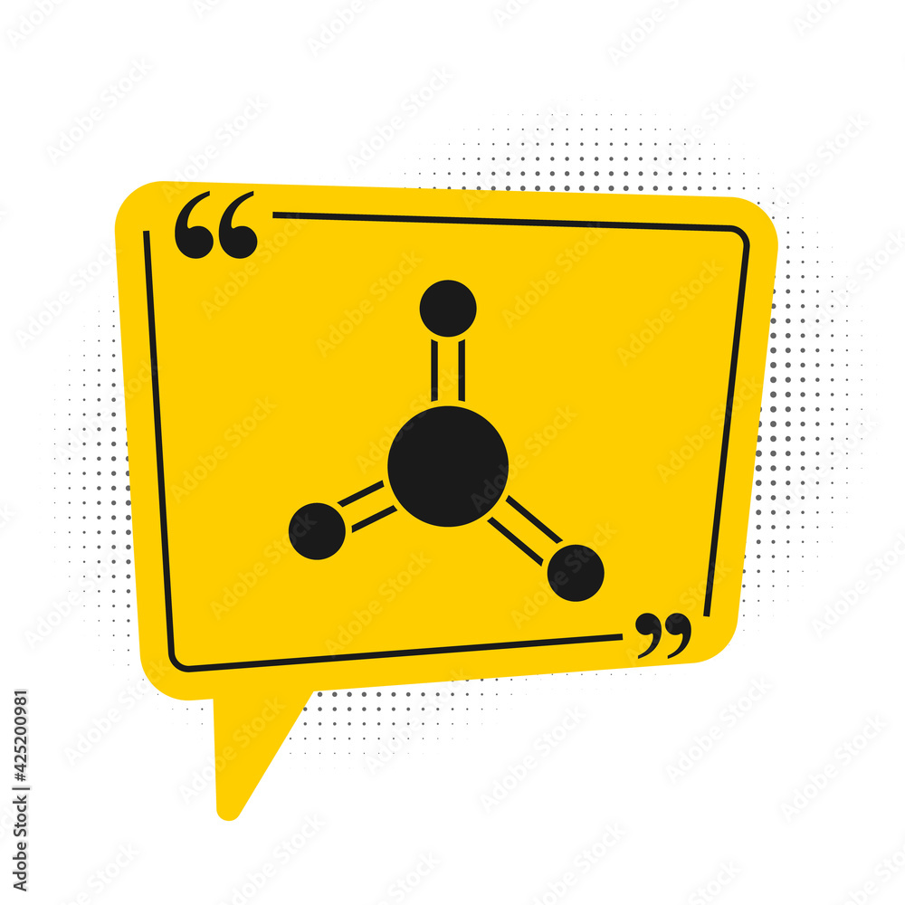 Black Molecule icon isolated on white background. Structure of molecules in chemistry, science teachers innovative educational poster. Yellow speech bubble symbol. Vector