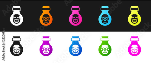 Set Poison in bottle icon isolated on black and white background. Bottle of poison or poisonous chemical toxin. Vector