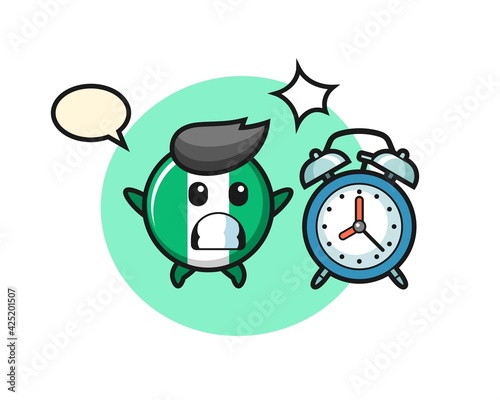 Cartoon Illustration of nigeria flag badge is surprised with a giant alarm clock