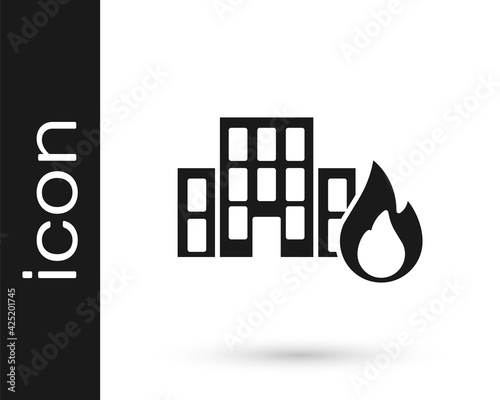 Black Fire in burning buildings on city street icon isolated on white background. Destroyed city on fire. Vector