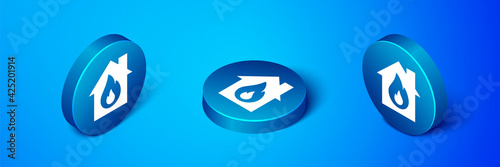 Isometric Fire in burning house icon isolated on blue background. Blue circle button. Vector