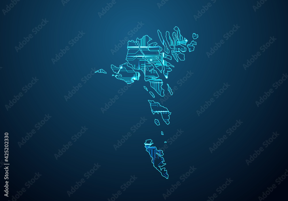 Obraz premium Abstract futuristic map of faroe Islands.Circuit Board Design Electric of the region. Technology background. mash line and point scales on dark with map.