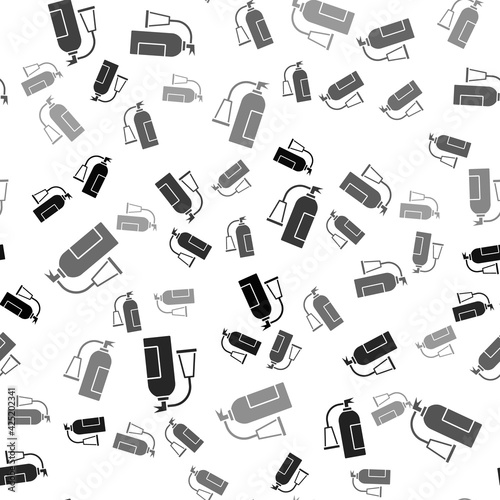 Black Fire extinguisher icon isolated seamless pattern on white background. Vector