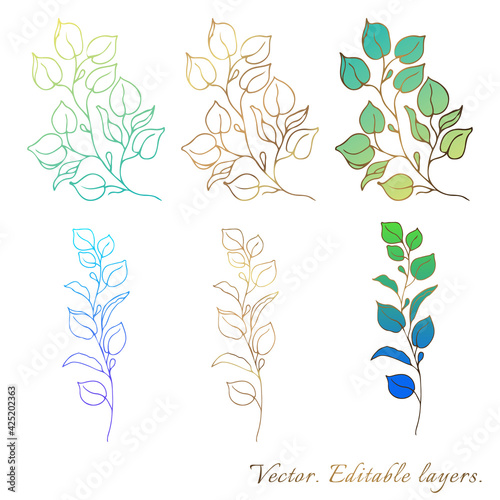Plants line gold vectors. Collection set of botanical design elements of flowers, branches, buds. Gradient color fill of elements. Perfect for logos, brands, invitations and postcards.