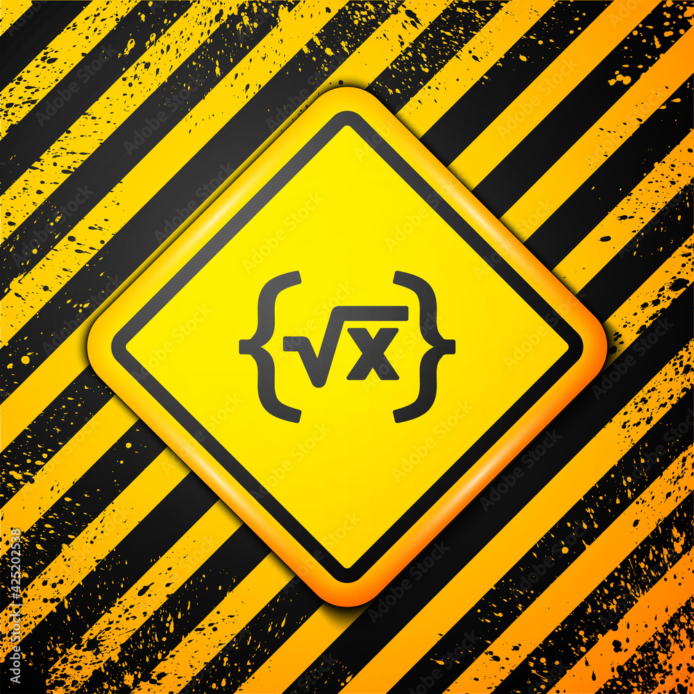 Black Square root of x glyph icon isolated on yellow background. Mathematical expression. Warning sign. Vector Black Square root of x glyph icon isolated on yellow background. Mathematical expression. Warning sign. Vector