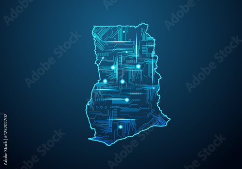 Abstract futuristic map of ghana.Circuit Board Design Electric of the region. Technology background. mash line and point scales on dark with map.