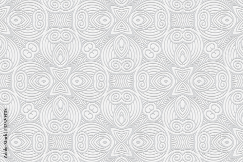 Geometric volumetric convex white background. Ethnic African, Mexican, Indian motives. 3D relief ornament in doodling style. Abstract pattern for wallpaper, textiles, presentations.