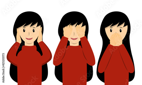 Set of young woman closing her ears,eyes and mouth. Three wise mokey theory concept.