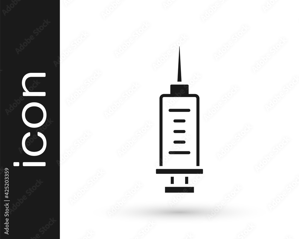 Black Syringe icon isolated on white background. Syringe for vaccine, vaccination, injection, flu shot. Medical equipment. Vector Black Syringe icon isolated on white background. Syringe for vaccine, vaccination, injection, flu shot. Medical equipment. Vector