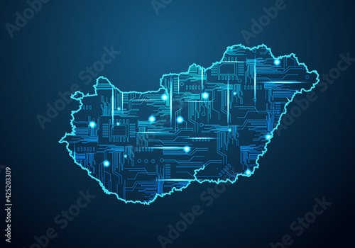 Abstract futuristic map of hungary. Circuit Board Design Electric of the region. Technology background. mash line and point scales on dark with map.