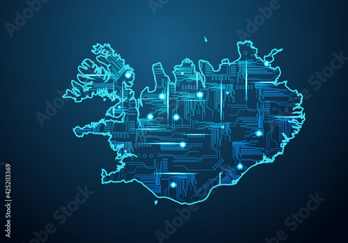 Abstract futuristic map of iceland. Circuit Board Design Electric of the region. Technology background. mash line and point scales on dark with map.