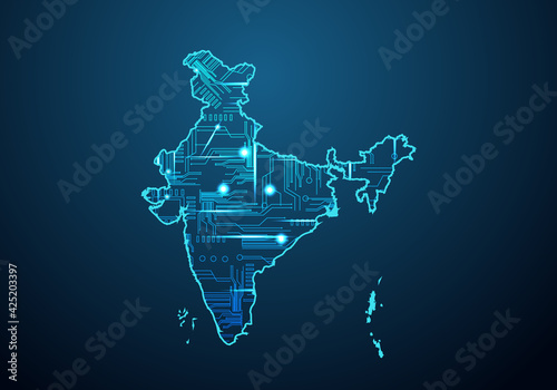 Abstract futuristic map of india. Circuit Board Design Electric of the region. Technology background. mash line and point scales on dark with map.