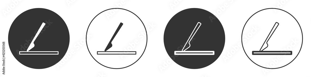 Black Medical surgery scalpel tool icon isolated on white background. Medical instrument. Circle button. Vector Black Medical surgery scalpel tool icon isolated on white background. Medical instrument. Circle button. Vector