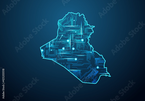 Abstract futuristic map of iraq. Circuit Board Design Electric of the region. Technology background. mash line and point scales on dark with map. photo