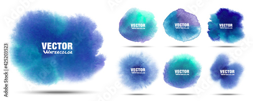 Blue abstract hand drawn watercolor background set. Watercolor turquoise color splashing on the paper. Vector illustration.