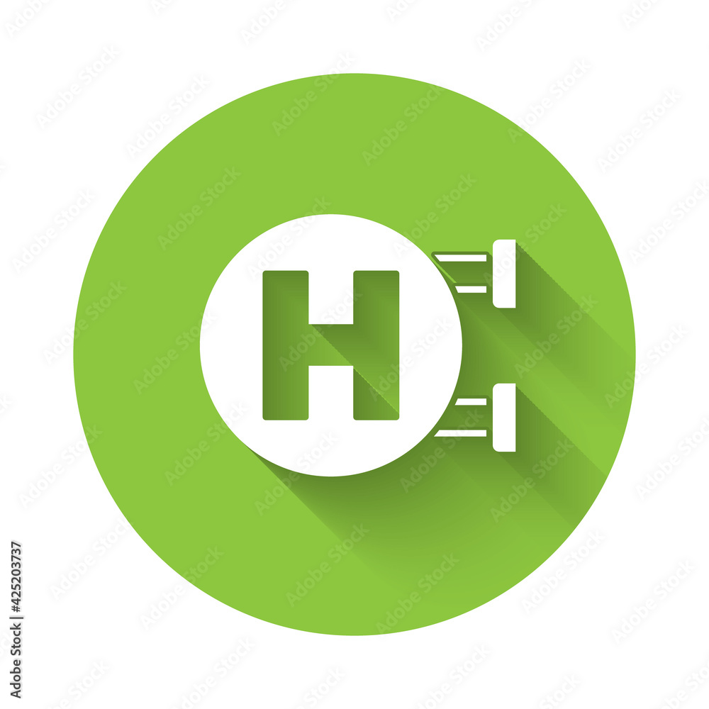 White Hospital signboard icon isolated with long shadow. Green circle button. Vector White Hospital signboard icon isolated with long shadow. Green circle button. Vector