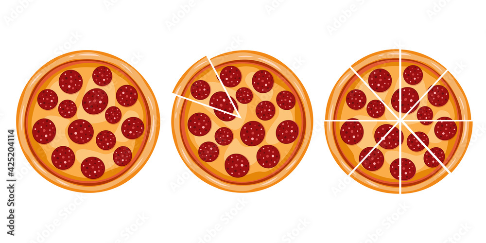 Peperoni set in cartoon style. Banner pizza circle and slices. Isolated