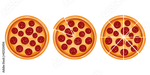 Peperoni set in cartoon style. Banner pizza circle and slices. Isolated on a white background. Illustration for pizza delivery. Hot italian food

