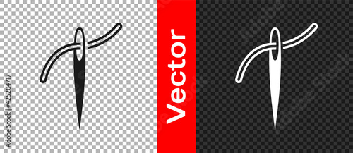 Black Needle for sewing with thread icon isolated on transparent background. Tailor symbol. Textile sew up craft sign. Embroidery tool. Vector