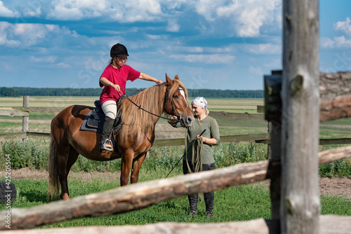 Two young beautiful girls are engaged with a horse in the paddock on the farm in summer.