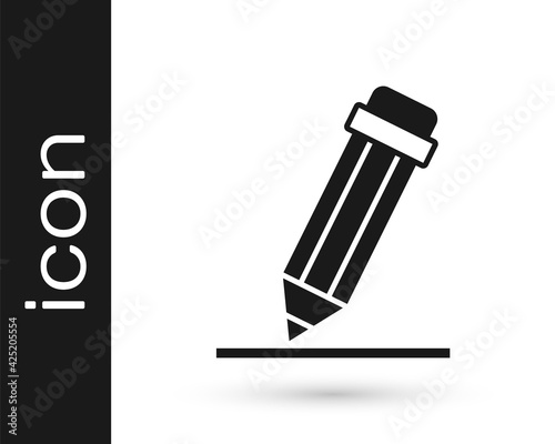 Black Pencil with eraser icon isolated on white background. Drawing and educational tools. School office symbol. Vector