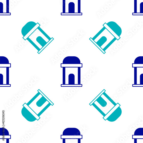 Blue Old crypt icon isolated seamless pattern on white background. Cemetery symbol. Ossuary or crypt for burial of deceased. Vector