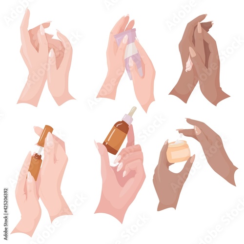 Set Beautiful female hands with manicure. Nail polish. Hand and nail care. Vector illustration isolated on white background.