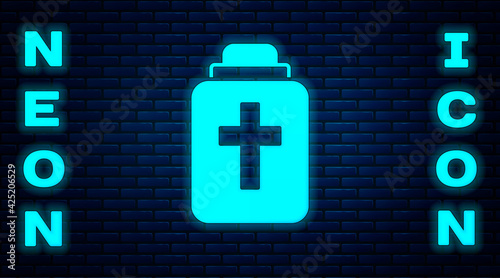 Glowing neon Funeral urn icon isolated on brick wall background. Cremation and burial containers, columbarium vases, jars and pots with ashes. Vector