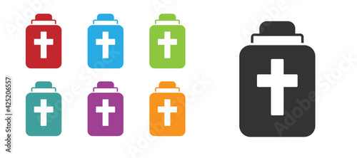 Black Funeral urn icon isolated on white background. Cremation and burial containers, columbarium vases, jars and pots with ashes. Set icons colorful. Vector