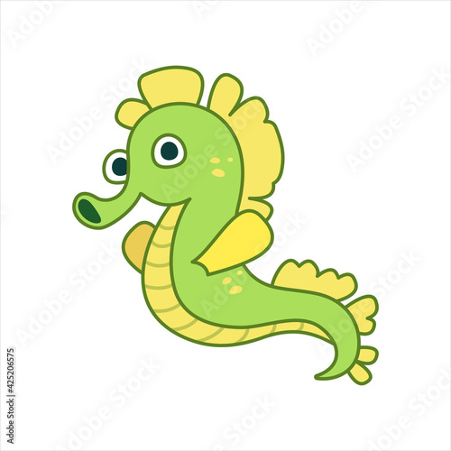 Funny sea-horse character in cartoon style. Flat kid graphic. Isolated vector illustration.