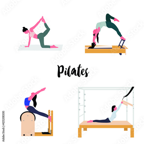 A set of pilates - women doing pilates with equipment