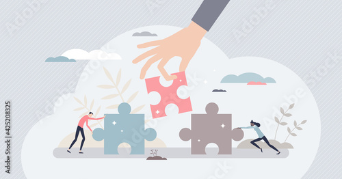 Find solution as fitting together jigsaw puzzle pieces tiny person concept. Collaboration, teamwork and work support for problem solving vector illustration. Business matching with assistance and help