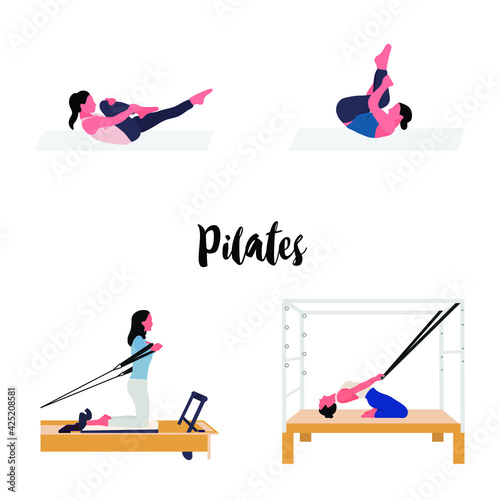 A set of pilates - women doing pilates with equipment