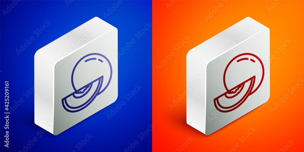 Isometric line Melon fruit icon isolated on blue and orange background. Silver square button. Vector Isometric line Melon fruit icon isolated on blue and orange background. Silver square button. Vector