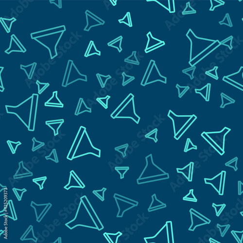 Green line Funnel or filter icon isolated seamless pattern on blue background. Vector
