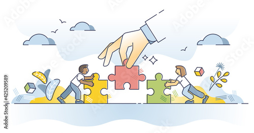 Find solution as help fitting jigsaw puzzle pieces together outline concept. Collaboration, teamwork or work support for problem solving vector illustration. Business matching with assistance and help