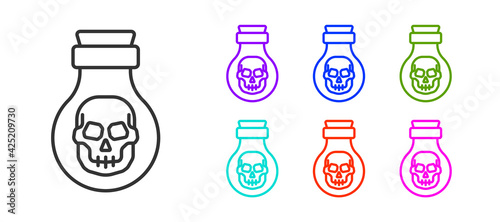 Black line Poison in bottle icon isolated on white background. Bottle of poison or poisonous chemical toxin. Set icons colorful. Vector
