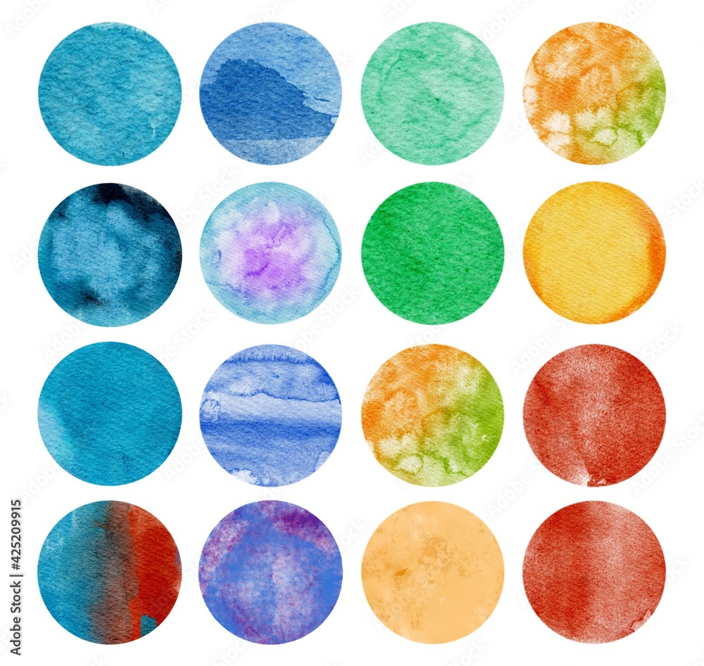 Hand drawing abstract watercolor shapes set. Watercolour drops isolated on white. Illustration for artistic design, poster, card. Round spots, drops of different colors. Hand drawing abstract watercolor shapes set. Watercolour drops isolated on white. Illustration for artistic design, poster, card. Round spots, drops of different colors.