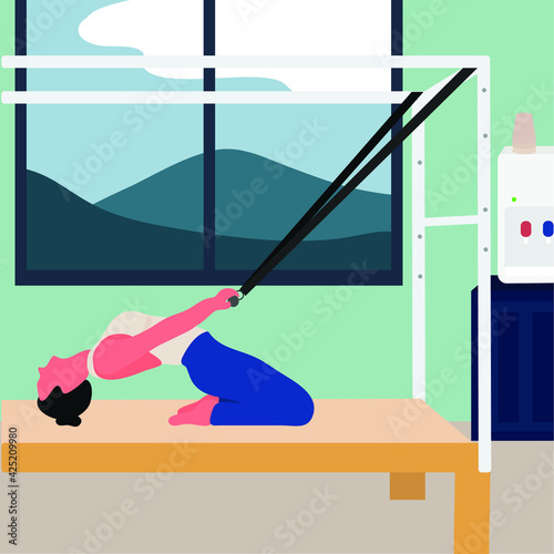 A woman doing pilates with equipment at home - a concept illustration of active lifestyle