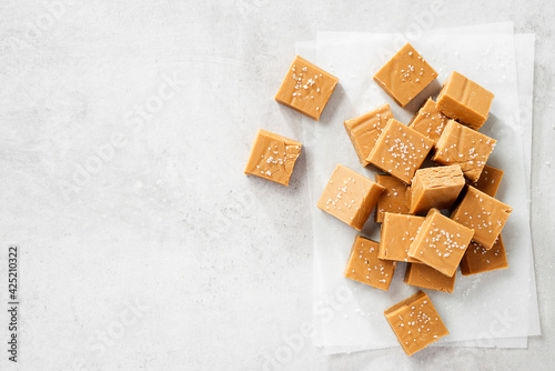 Fresh homemade peanut butter fudge or caramel fudge on light gray background. top view photo