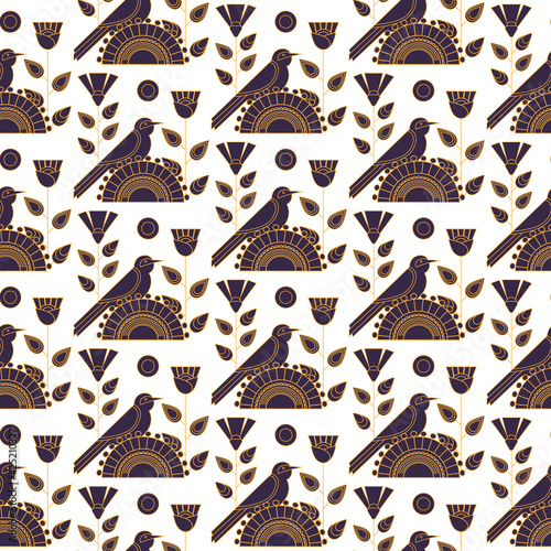 seamless pattern of geometric birds and plants with a gold metallic outline. Tropical motives. Ideal for banners, flyers, backgrounds, prints, invitations, fabrics. EPS10