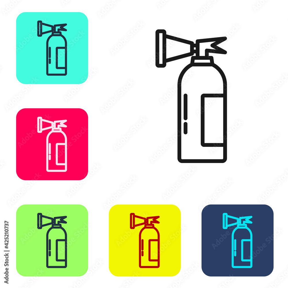 Black line Fire extinguisher icon isolated on white background. Set icons in color square buttons. Vector Black line Fire extinguisher icon isolated on white background. Set icons in color square buttons. Vector