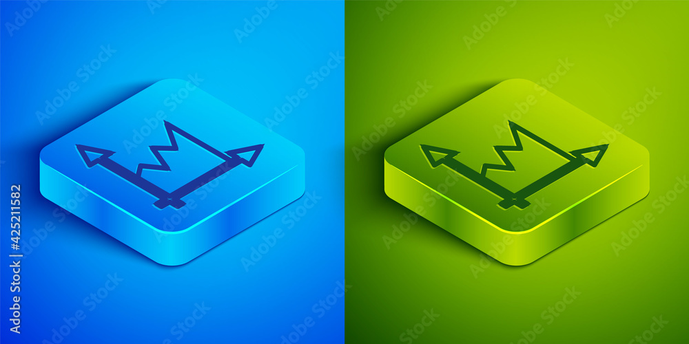 Isometric line Graph, schedule, chart, diagram, infographic, pie graph icon isolated on blue and green background. Square button. Vector Isometric line Graph, schedule, chart, diagram, infographic, pie graph icon isolated on blue and green background. Square button. Vector