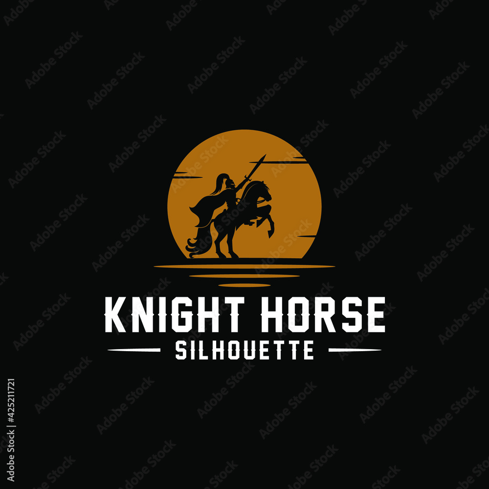 Horseback Knight Silhouette, Horse Warrior logo design with sunset/sunrise