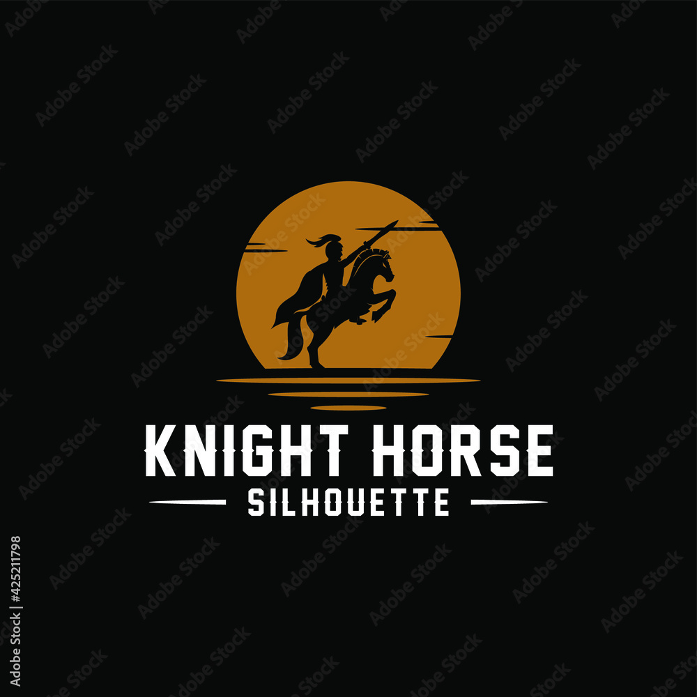 Horseback Knight Silhouette, Horse Warrior logo design with sunset/sunrise