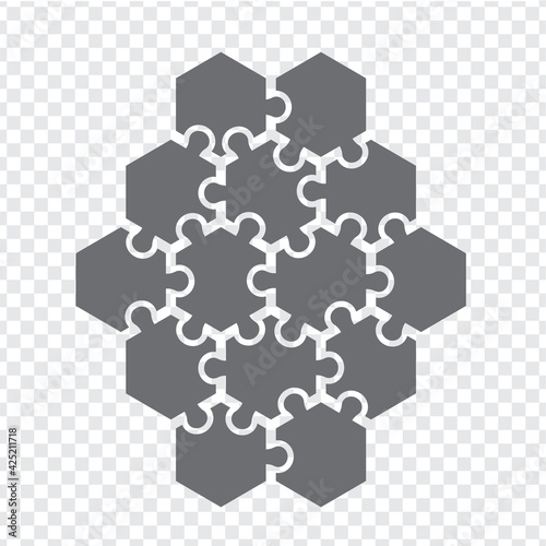 Simple icon hexagon puzzle in gray. Simple icon puzzle of the fourteen elements  on transparent background for your web site design, logo, app, UI. EPS10.