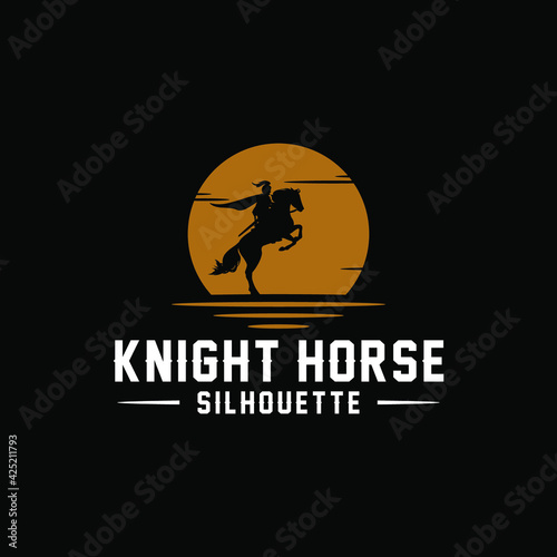 Horseback Knight Silhouette, Horse Warrior logo design with sunset/sunrise