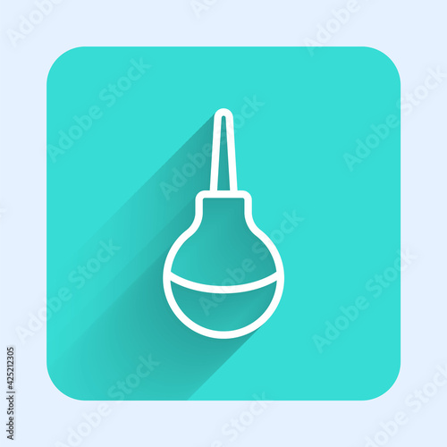 White line Enema icon isolated with long shadow. Enema with a plastic tip. Medical pear. Green square button. Vector