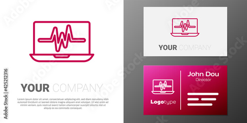 Logotype line Laptop with cardiogram icon isolated on white background. Monitoring icon. ECG monitor with heart beat hand drawn. Logo design template element. Vector